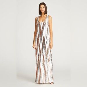 Halston Heritage Silver and Brown Sequin Maxi Dress